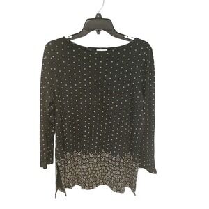 J. Jill Black Floral Dot Print Long Sleeve Border Hem Top Large SKU 141